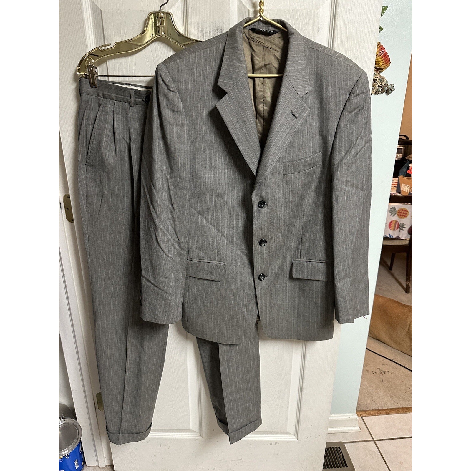 Vtg Evan Picone 2 Piece Suit 40r 32x26 Gray Wool Blazer Pants Men's Striped Wool